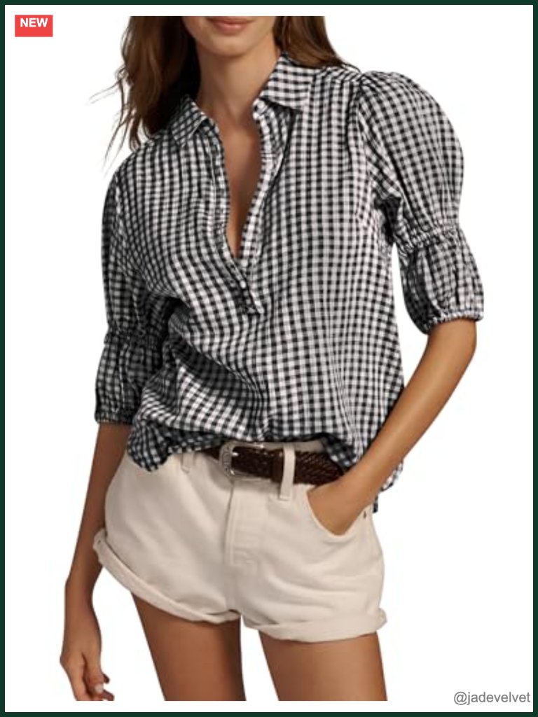 Women Button Down Shirt Puff Short Sleeve Casual V Neck Blouse Loose Fit Work